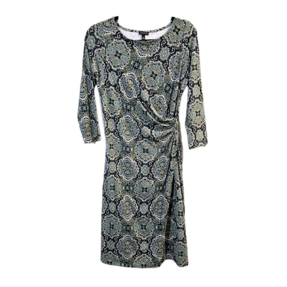 Talbots Ruched Wrap Dress Women's XS Medallion Print Figure Flattering Feminine